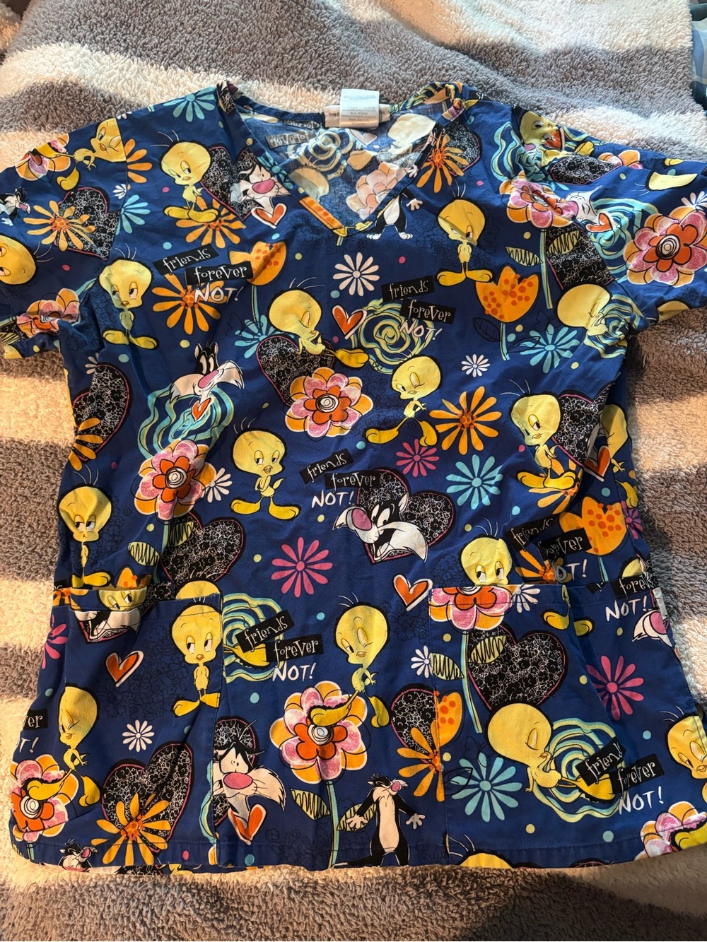Tweety & Sylvester Cartoon Print Scrub Top - Navy Yellow Floral - Small